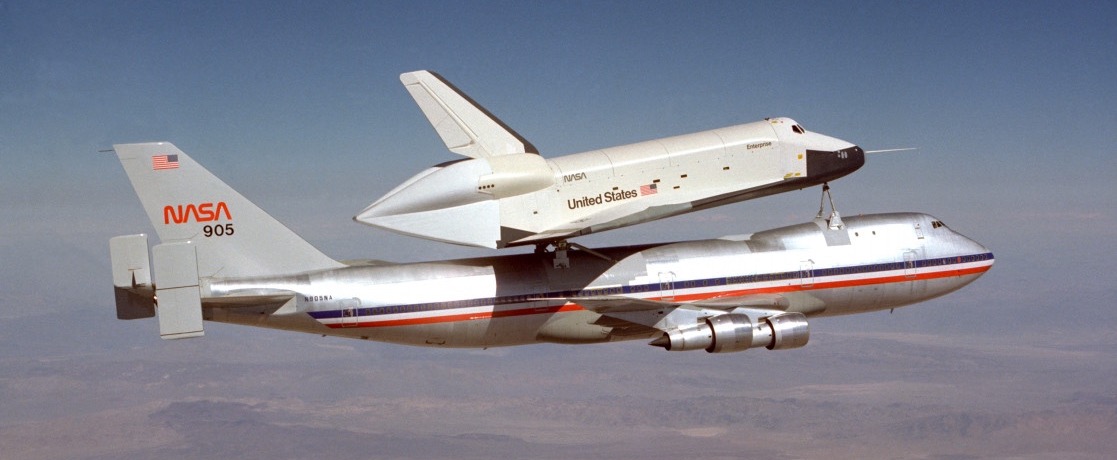 Space Shuttle Enterprise on the back of its carrier aircraft, which never reached orbit and spent its career being tested